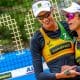 Fernanda Berti (esq) e Bárbara comemoram ponto no Mundial de vôlei de praia