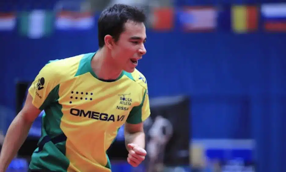 Hugo Calderano comemora na Hungria. Crédito: ITTF.