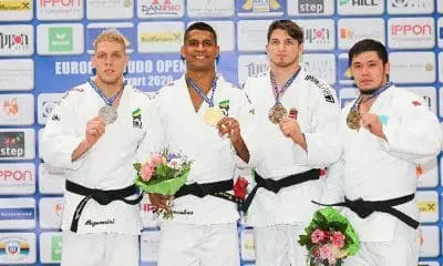 Leonardo Gonçalves e Rafael Buzacarini no pódio do Aberto de Oberwart de judô