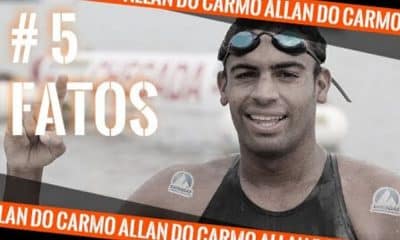 Allan do Carmo da Maratona Aquática após prova, em uma arte do Olimpíada Todo Dia sobre o quadro 5 fatos