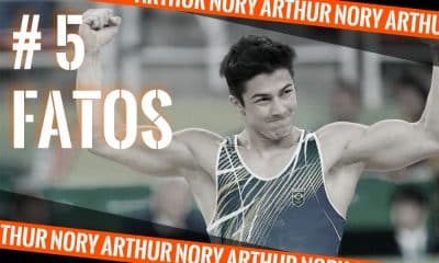 Arte do OTD com Arthur Nory comemorando após apresentação na Ginástica Artística. Crédito: Caio Poltronieri