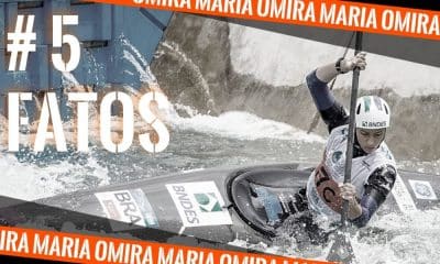 Omira Maria competindo na canoagem slalom. Arte de Caio Poltronieri para o quadro cinco fatos