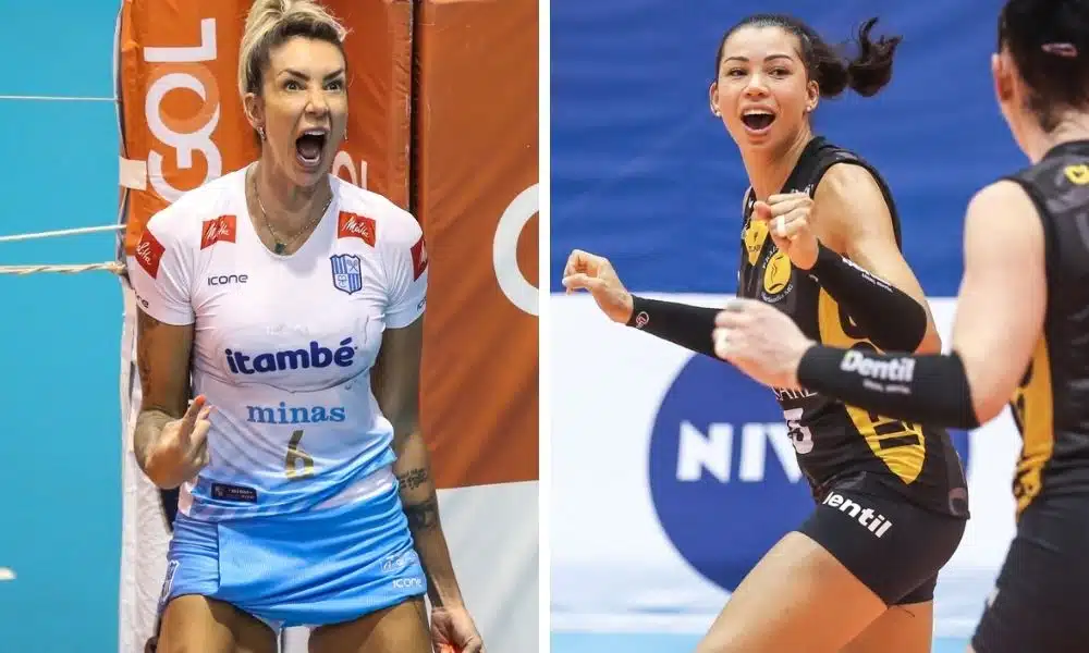As centrais Thaisa, do Minas, e Carol, do Praia, na decisão da Superliga de vôlei feminino