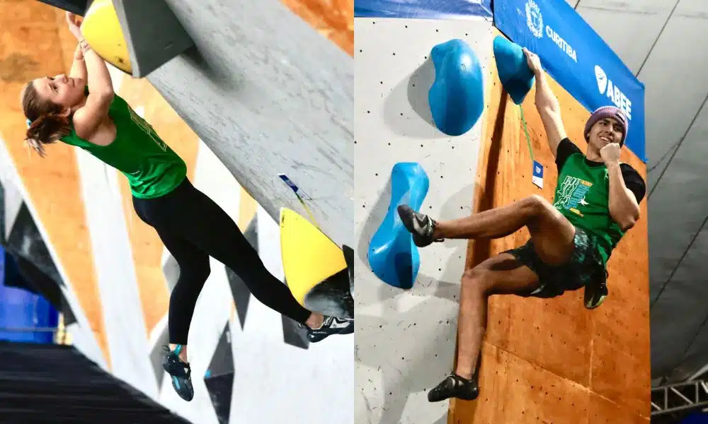 Anja Köhler e Rodrigo Hanada escalam parede