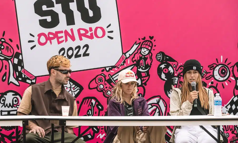 PEdro Barros Yndiara Asp e Dora Varella em entrevista coletiva do STU Open Rio skate