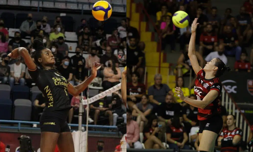 Superliga: Montagem com fotos de ataques de Fabiana, do Osasco, e Michelle Pavão, do Flamengo