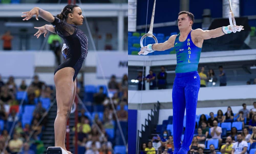Mundial de ginástica artística: montagem com fotos de Rebeca Andrade fazendo coreografia na trave e Caio Souza na posição de cruz nas argolas