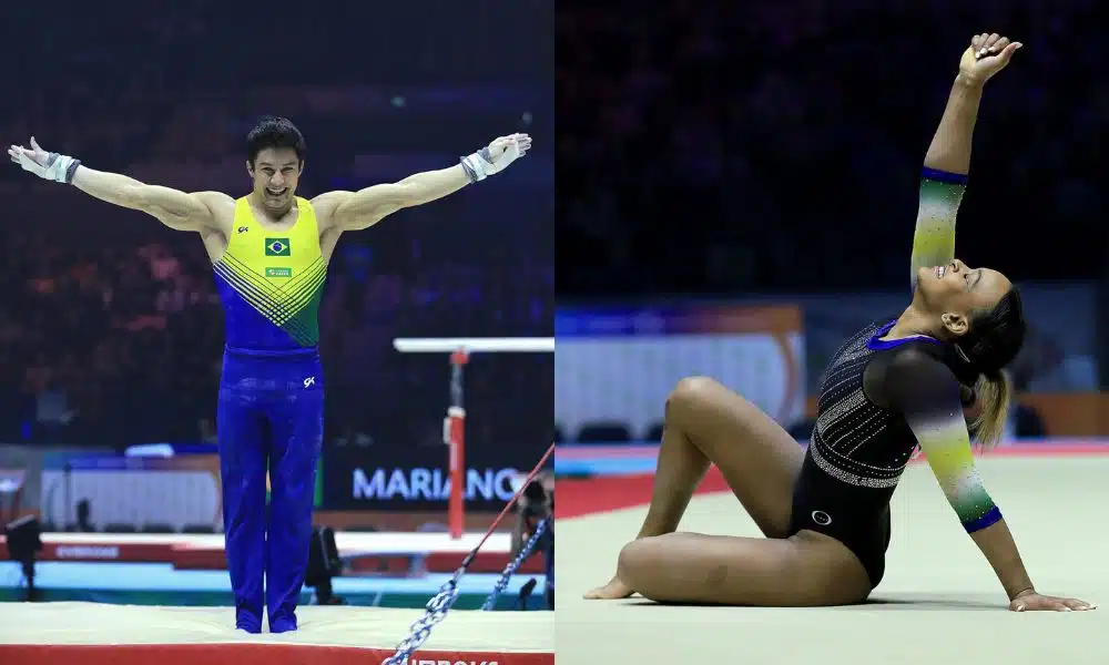 Montagem com fotos de Arthur Nory e Rebeca Andrade no Mundial de ginástcia