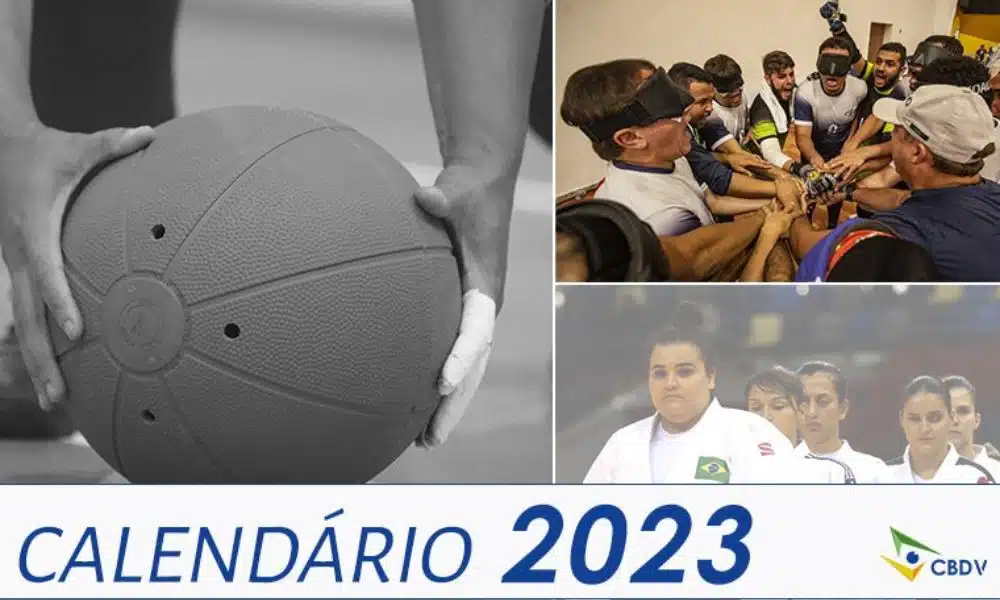 Calendário da CBDV - montagem com fotos de goalball, judô e futebol de cegos