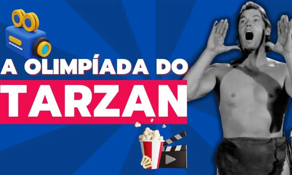 OTD em Paris - arte com os dizeres "A Olimpíada do Tarzan" e uma foto de Johnny Weissmullwe