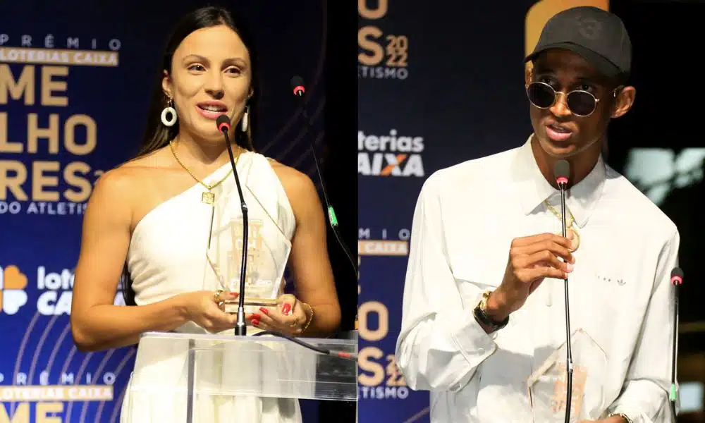 Montagem com fotos de Alison dos Santos e Letícia Oro discursando