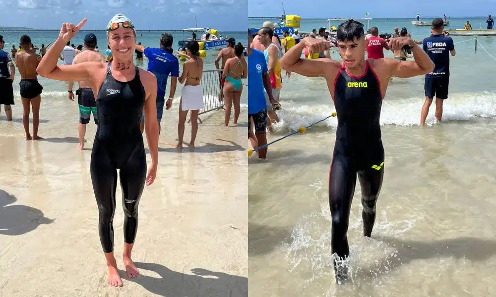 Viviane e Ronaldo comemoram após saírem do mar