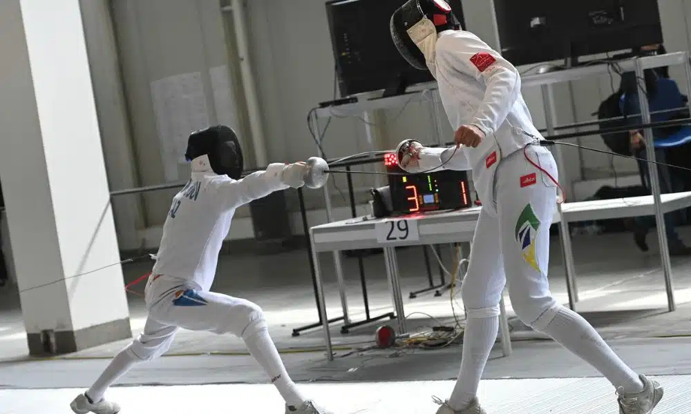 Felipe Leal João Hoffmann e Matheus Brandt no Mundial Cadete de esgrima espada