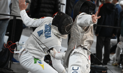 Pedro Nogueira e Alan Patrick Burberry no florete do Mundial Cadete de esgrima
