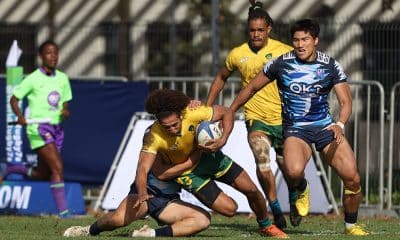 Na imagem, disputa entre brasileiros e coreanos no rúgbi sevens.