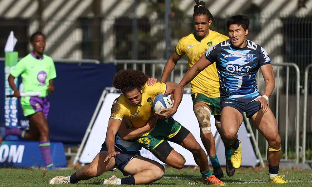 Na imagem, disputa entre brasileiros e coreanos no rúgbi sevens.