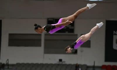 Maria Luiza Marcante/Eduarda Vicente durante apresentação no Pan-Americano Júnior de ginástica de trampolim