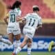 Jogadoras do Palmeiras comemorando um dos gols na goleada pelo Paulista Feminino (Léo Sguaçabia/Paulistão Feminino)