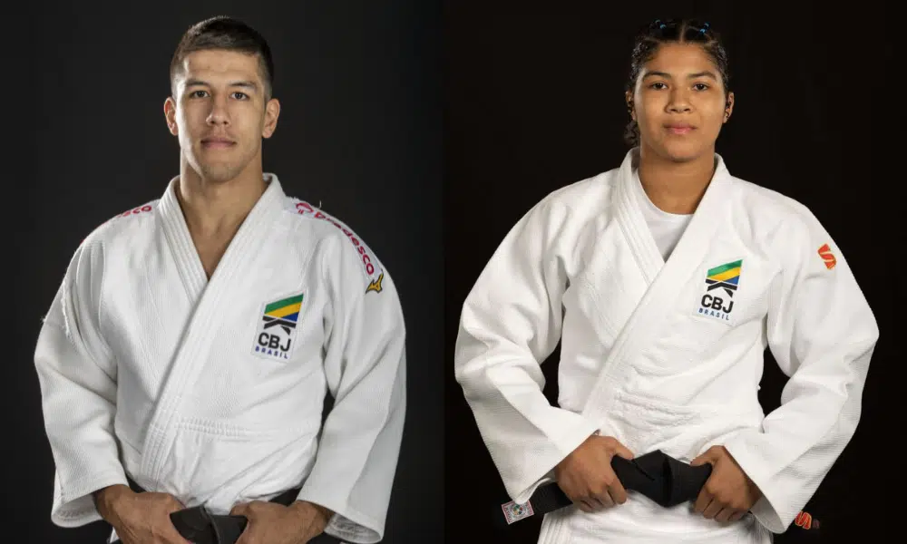 Eduardo Yudy e Luana Carvalho enquanto pousam para foto no Mundial de judô