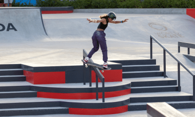 Rayssa Leal durante disputa do X Games de Chiba de skate street; junto com Augusto Akio e Isadora Pacheco