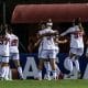 Jogadoras do São Paulo comemoram gol contra o Bragantino no Paulistão Feminino