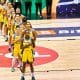 Brasil - seleção feminina de basquete perfilada para a execução do hino nacional antes de jogo da Americup