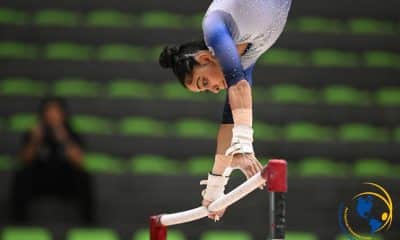 Carolyne Pedro compete nas barras assimétricas no Pan-Americano de ginástica artística