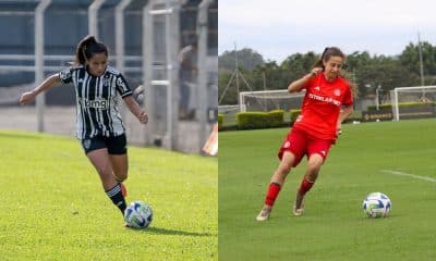 Montagem com fotos de atletas de Atlético-MG e Internacional em jogo