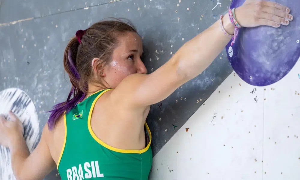 Anja Kohler durante escalada na Copa do Mundo de escalada esportiva. Mateus Bellotto e Richard Schwark Pan-Americano de escalada