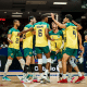 Jogadores do Brasil comemoram vitória contra a Alemanha na Liga das Nações de vôlei masculino (VNL)