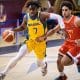 Jogadores de Brasil e Egito em ação pela Copa do Mundo Sub-19 de basquete masculino