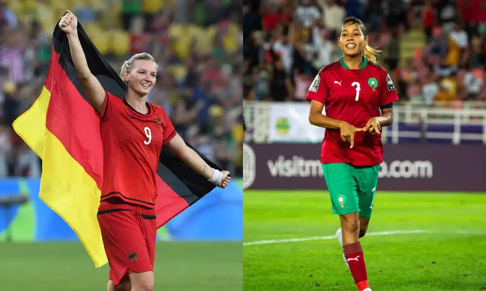 Montagem com fotos de jogadoras de Alemanha e Marrocos na Copa do Mundo Feminina ao vivo