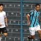 Na imagem, jogadores do Corinthians e do Grêmio na disputa do lance.