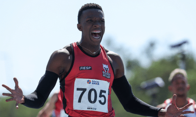 Felipe Bardi comemora recorde brasileiro nos 100m rasos do Troféu Bandeirantes de atletismo