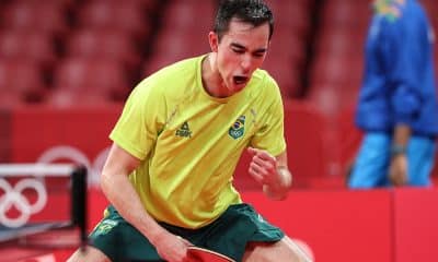 Na imagem, Hugo Calderano comemorando ponto.
