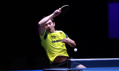 Hugo Calderano em ação durante partida no WTT Star Contender de Liubliana
