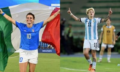 Montagem com fotos de jogadoras de Itália e Argentina na Copa do Mundo Feminina ao vivo