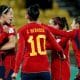 Jogadoras da Espanha comemoram gol em partida da Copa do Mundo Feminina