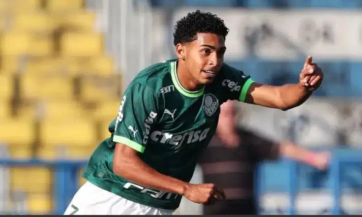Na imagem, Luighi comemora gol do Palmeiras contra o Botafogo no Brasileiro Sub-20.
