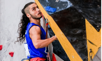 Pedro Egg na prova de velocidade da Copa do Mundo de escalada esportiva