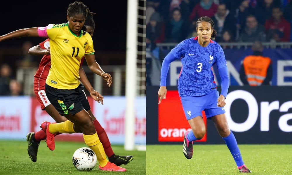 Jogadoras de França e Jamaica em montagem. Equipes se enfrentam pela Copa do Mundo Feminina ao vivo