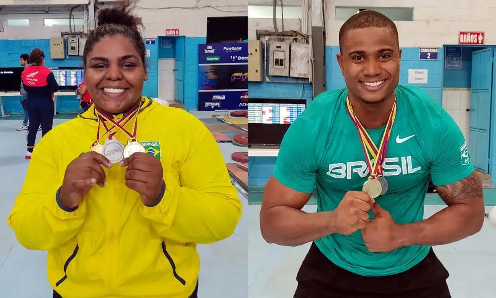 Taiane Justino e Mateus Gregório com suas medalhas do Sul-Americano de levantamento de pesos