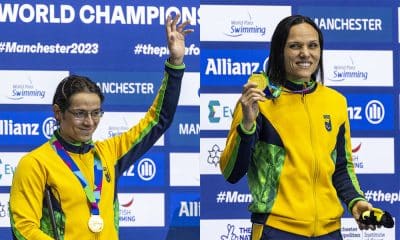 Na imagem, Douglas Matera e Carol Santiago mostrando suas medalhas no pódio.