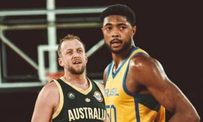 Bruno Caboclo em partida contra Austrália pela Boomers x World antes da Copa do Mundo de Basquetebol masculino