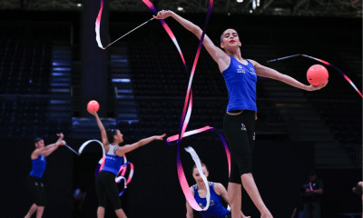 Conjunto do Brasil no treino de pódio do Mundial de ginástica rítmica em Valência na Espanha