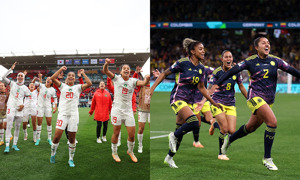 Na imagem, momentos das comemorações de Marrocos e Colômbia na Copa do Mundo Feminina.