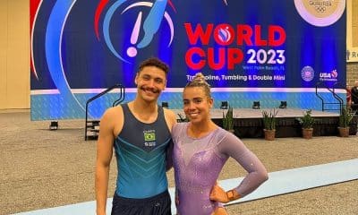 Brasileiros Camilla Lopes e Rayan Castro em ação na etapa de Palm Beach da Copa do Mundo de ginástica de trampolim (Divulgação/CBG)
