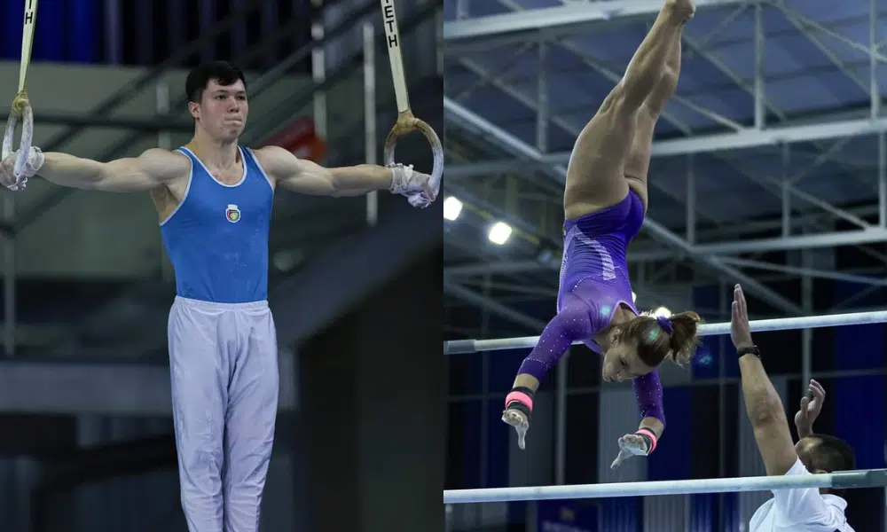 Montagem com fotos de Yuri Guimarães e Jade Barbosa no Campeonato Brasileiro de ginástica artística