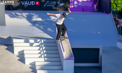 Giovanni Vianna descendo pelo corrimão com skate durante etapa da Pro Tour de Lausanne