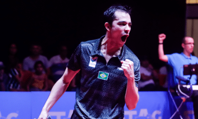 Hugo Calderano vibra com vitória no Campeonato Pan-Americano de tênis de mesa